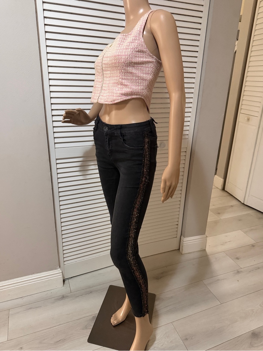 Redial Paris Side Stripe Skinny Jeans NWT Size 36 Black Embellished Designer
